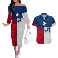 Flag Texas Fishing Couples Matching Off The Shoulder Long Sleeve Dress and Hawaiian Shirt Personalized Hanging Fish and Hooks Graphic - Wonder Print Shop