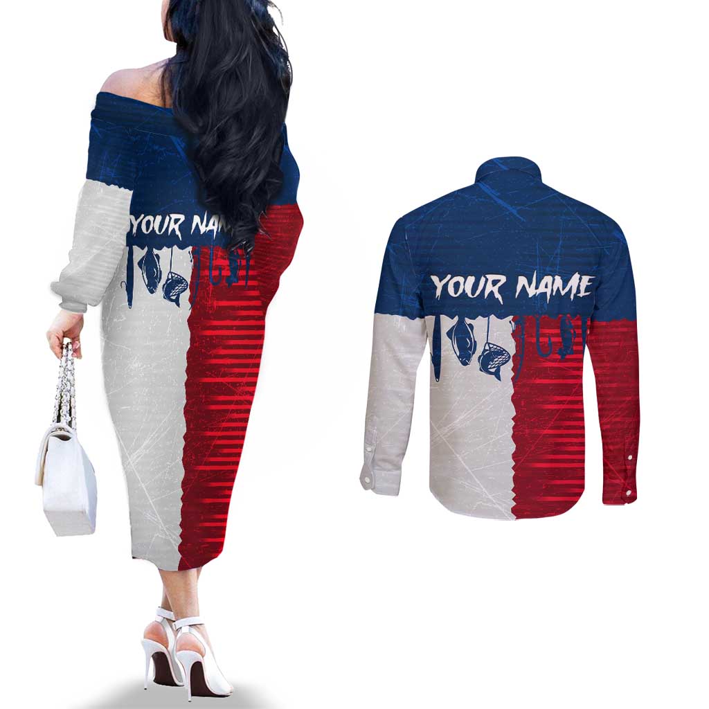 Flag Texas Fishing Couples Matching Off The Shoulder Long Sleeve Dress and Long Sleeve Button Shirt Personalized Hanging Fish and Hooks Graphic - Wonder Print Shop
