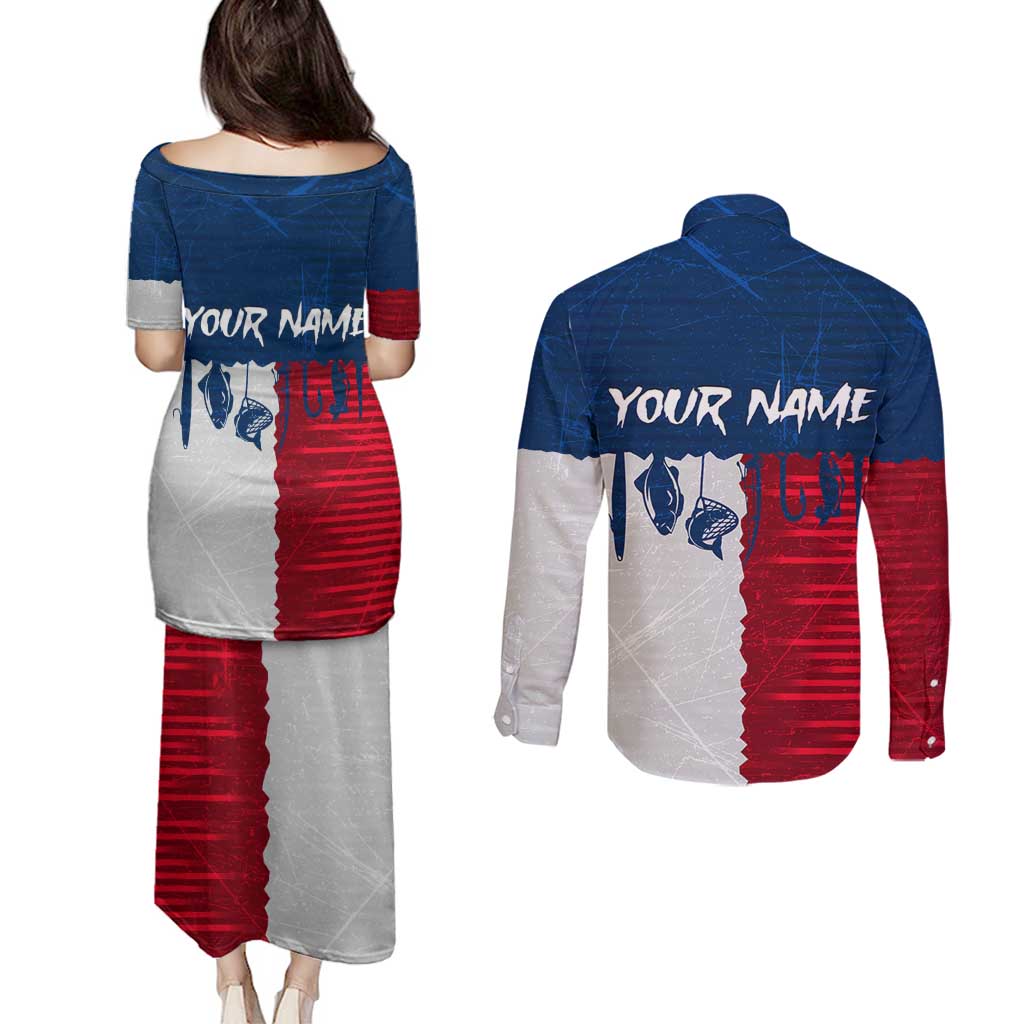 Flag Texas Fishing Couples Matching Puletasi and Long Sleeve Button Shirt Personalized Hanging Fish and Hooks Graphic - Wonder Print Shop