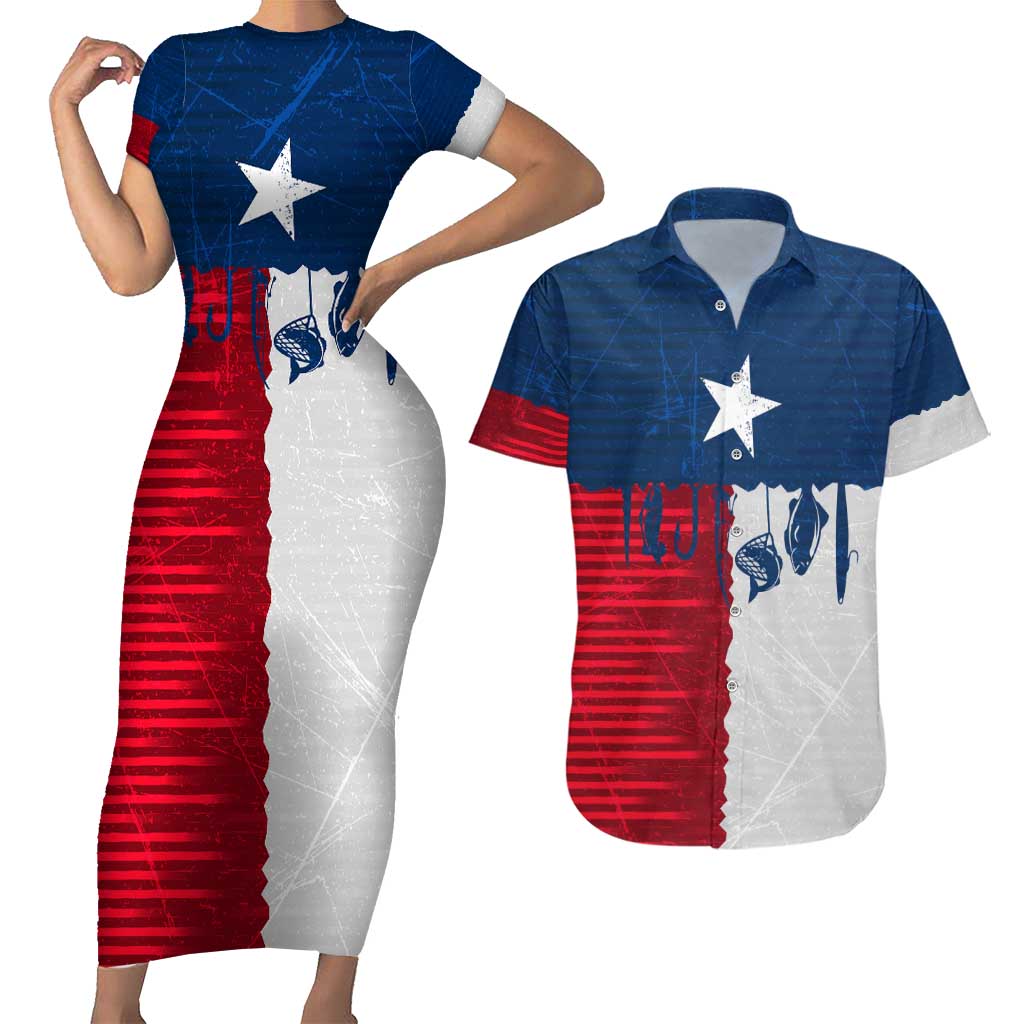 Flag Texas Fishing Couples Matching Short Sleeve Bodycon Dress and Hawaiian Shirt Personalized Hanging Fish and Hooks Graphic - Wonder Print Shop