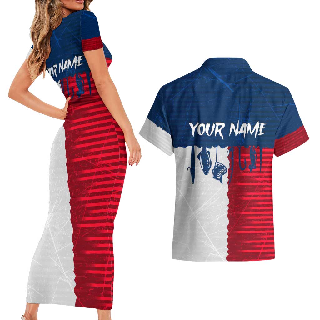 Flag Texas Fishing Couples Matching Short Sleeve Bodycon Dress and Hawaiian Shirt Personalized Hanging Fish and Hooks Graphic - Wonder Print Shop