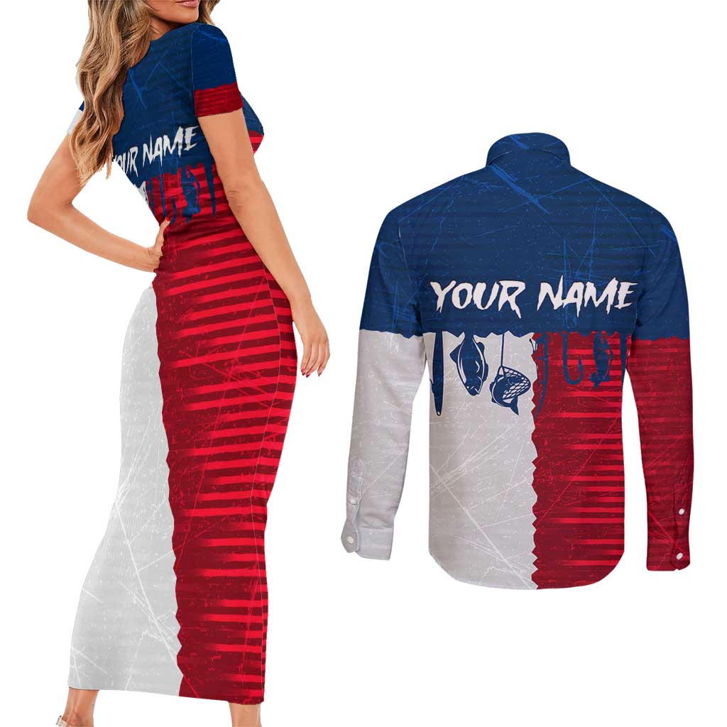 Flag Texas Fishing Couples Matching Short Sleeve Bodycon Dress and Long Sleeve Button Shirt Personalized Hanging Fish and Hooks Graphic - Wonder Print Shop