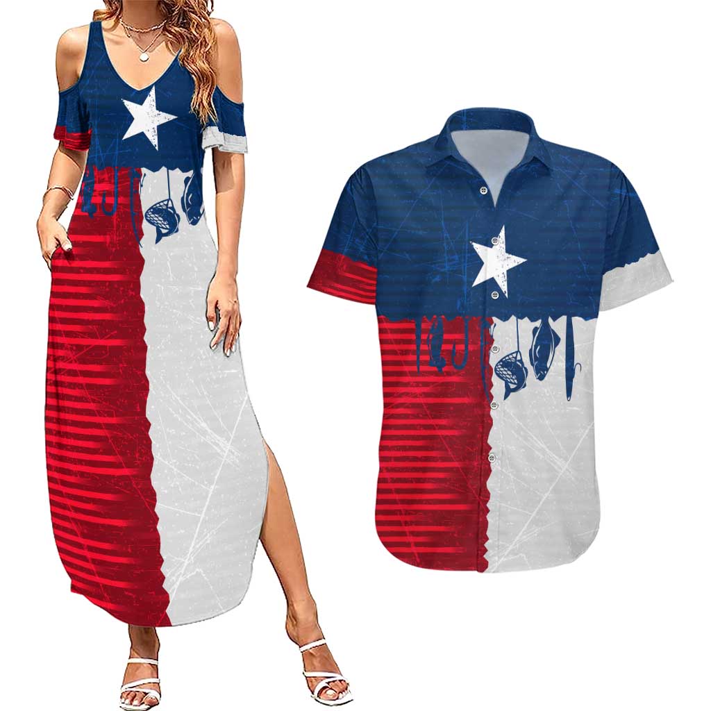 Flag Texas Fishing Couples Matching Summer Maxi Dress and Hawaiian Shirt Personalized Hanging Fish and Hooks Graphic - Wonder Print Shop