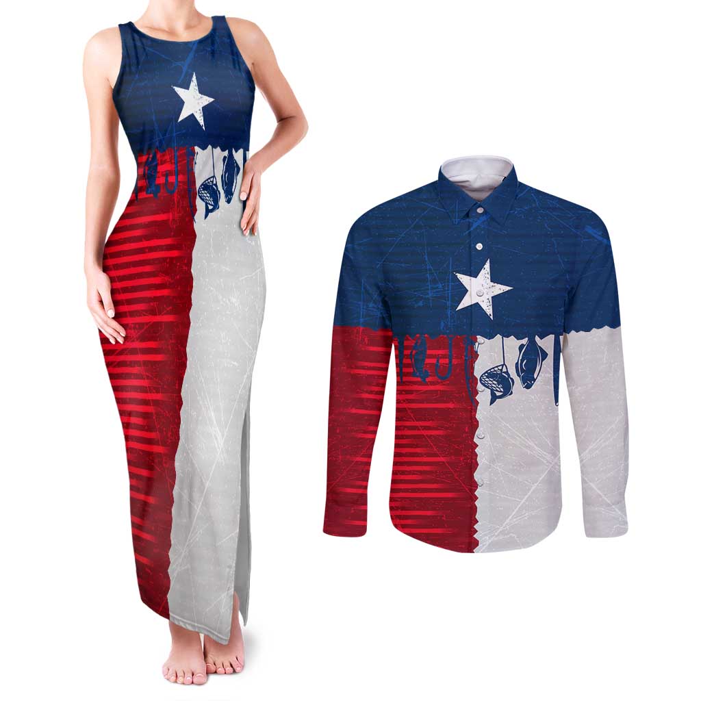 Flag Texas Fishing Couples Matching Tank Maxi Dress and Long Sleeve Button Shirt Personalized Hanging Fish and Hooks Graphic - Wonder Print Shop