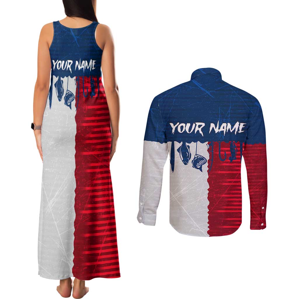 Flag Texas Fishing Couples Matching Tank Maxi Dress and Long Sleeve Button Shirt Personalized Hanging Fish and Hooks Graphic - Wonder Print Shop