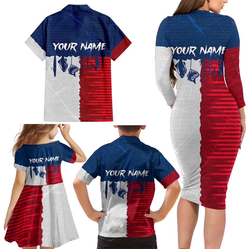 Flag Texas Fishing Family Matching Long Sleeve Bodycon Dress and Hawaiian Shirt Personalized Hanging Fish and Hooks Graphic - Wonder Print Shop
