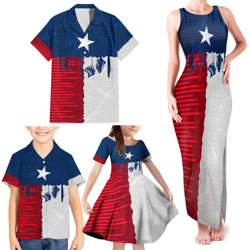 Flag Texas Fishing Family Matching Tank Maxi Dress and Hawaiian Shirt Personalized Hanging Fish and Hooks Graphic - Wonder Print Shop