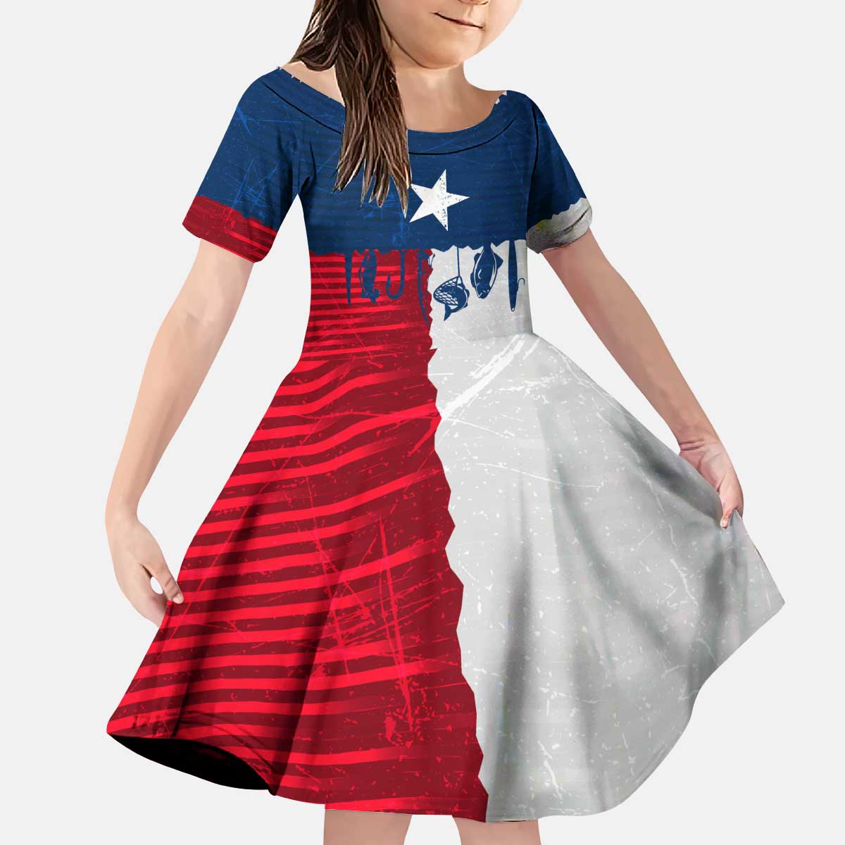 Flag Texas Fishing Kid Short Sleeve Dress Personalized Hanging Fish and Hooks Graphic - Wonder Print Shop