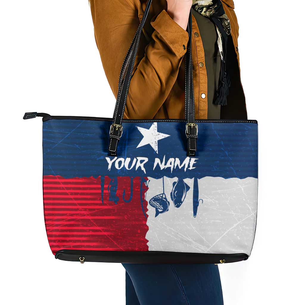 Flag Texas Fishing Leather Tote Bag Personalized Hanging Fish and Hooks Graphic - Wonder Print Shop