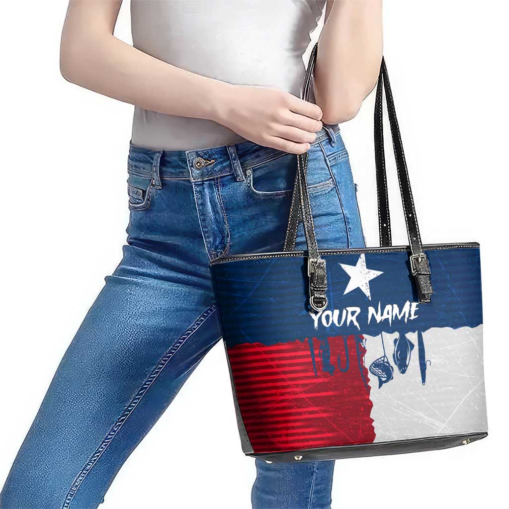Flag Texas Fishing Leather Tote Bag Personalized Hanging Fish and Hooks Graphic - Wonder Print Shop