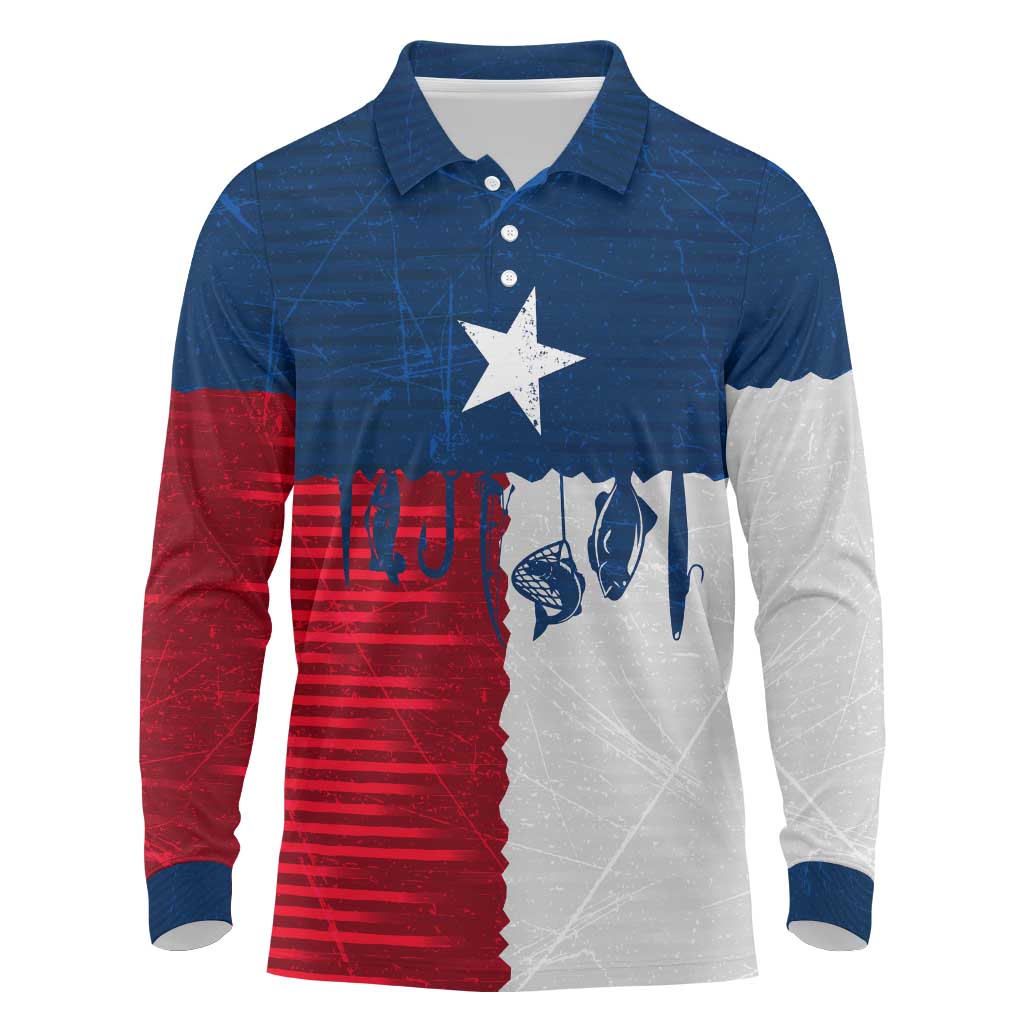 Flag Texas Fishing Long Sleeve Polo Shirt Personalized Hanging Fish and Hooks Graphic - Wonder Print Shop