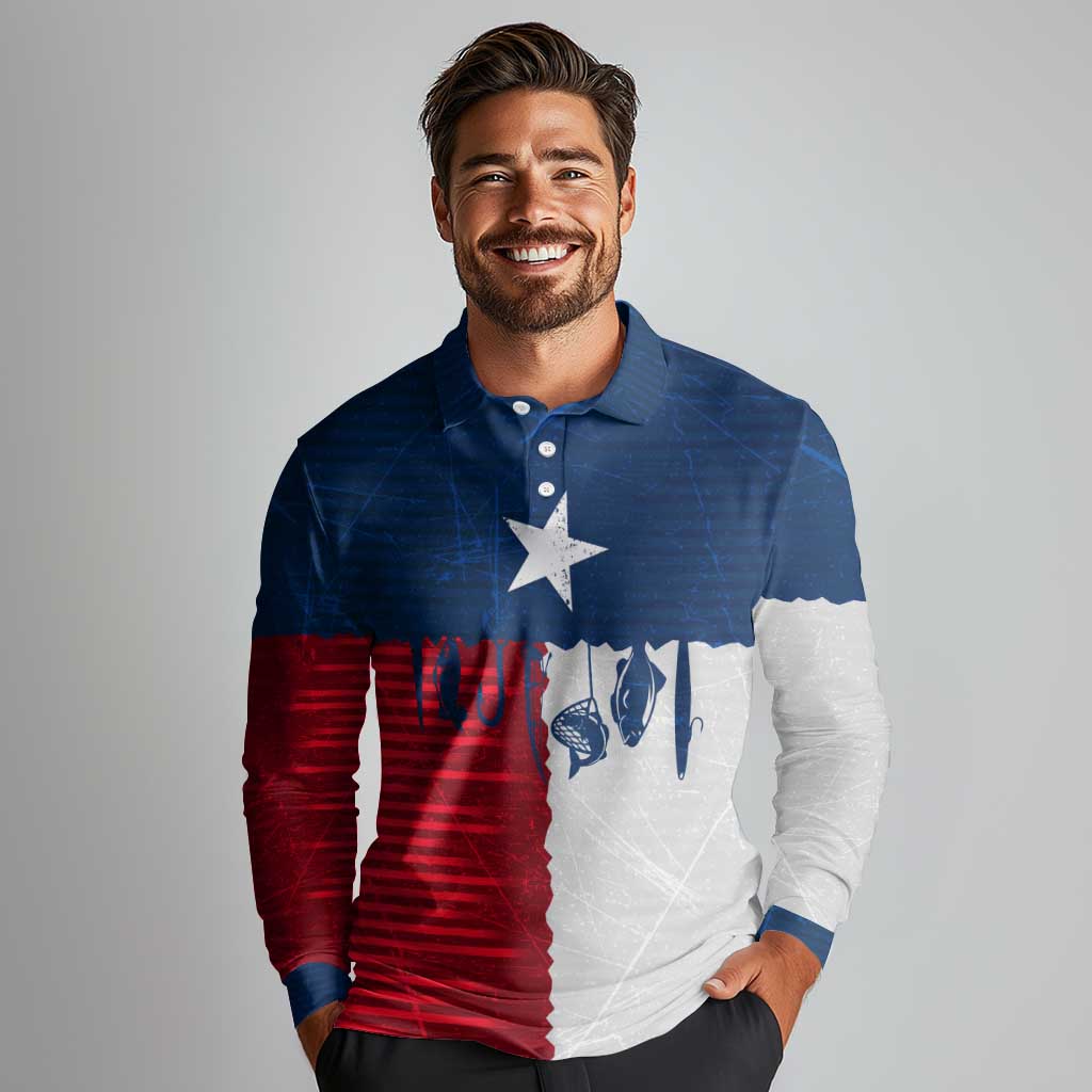 Flag Texas Fishing Long Sleeve Polo Shirt Personalized Hanging Fish and Hooks Graphic - Wonder Print Shop