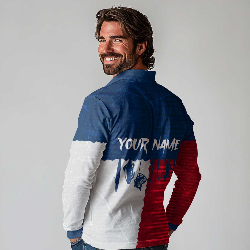 Flag Texas Fishing Long Sleeve Polo Shirt Personalized Hanging Fish and Hooks Graphic - Wonder Print Shop