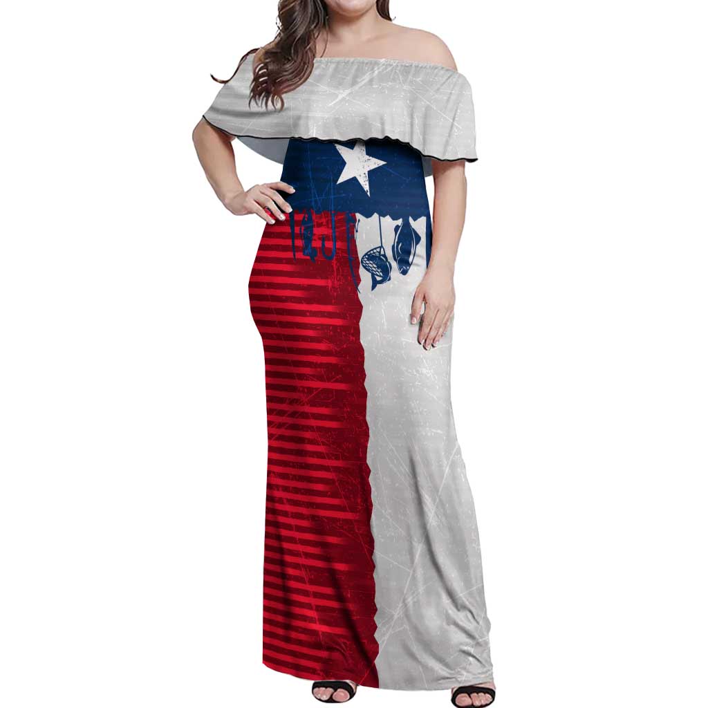 Flag Texas Fishing Off Shoulder Maxi Dress Personalized Hanging Fish and Hooks Graphic - Wonder Print Shop