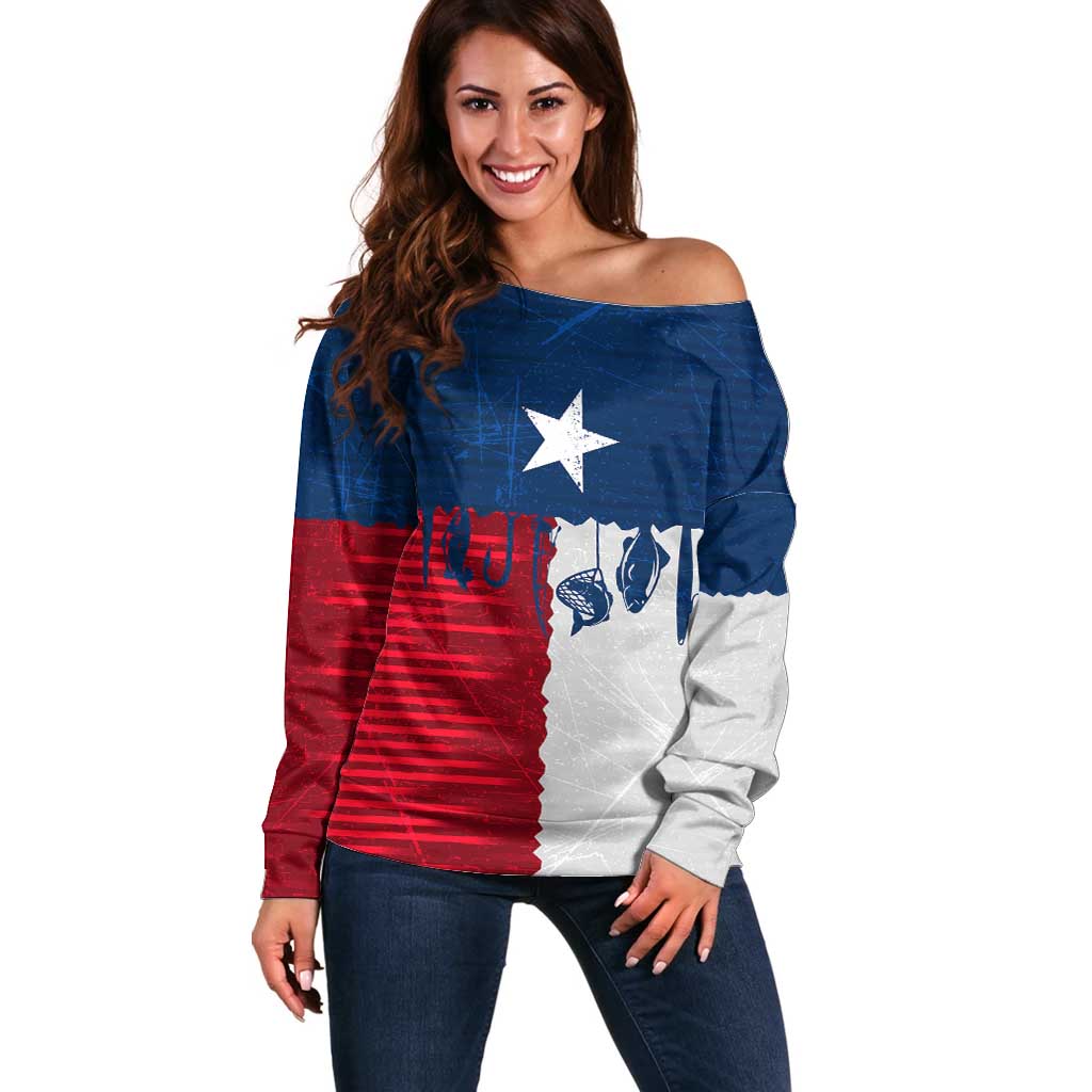 Flag Texas Fishing Off Shoulder Sweater Personalized Hanging Fish and Hooks Graphic - Wonder Print Shop