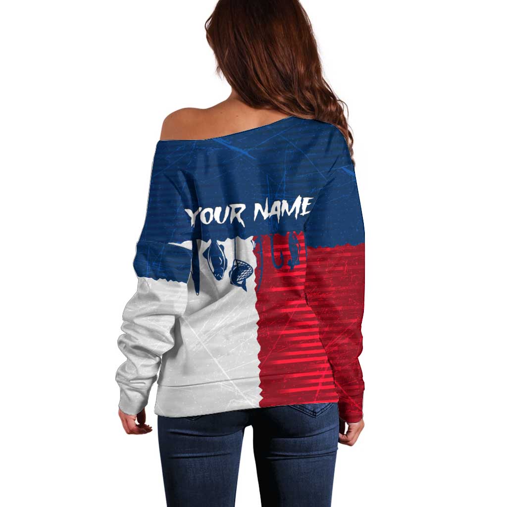 Flag Texas Fishing Off Shoulder Sweater Personalized Hanging Fish and Hooks Graphic - Wonder Print Shop