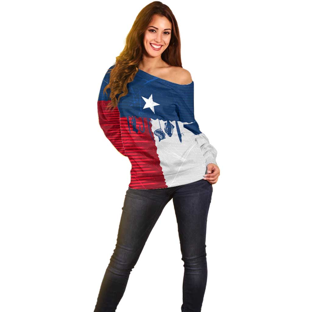 Flag Texas Fishing Off Shoulder Sweater Personalized Hanging Fish and Hooks Graphic - Wonder Print Shop