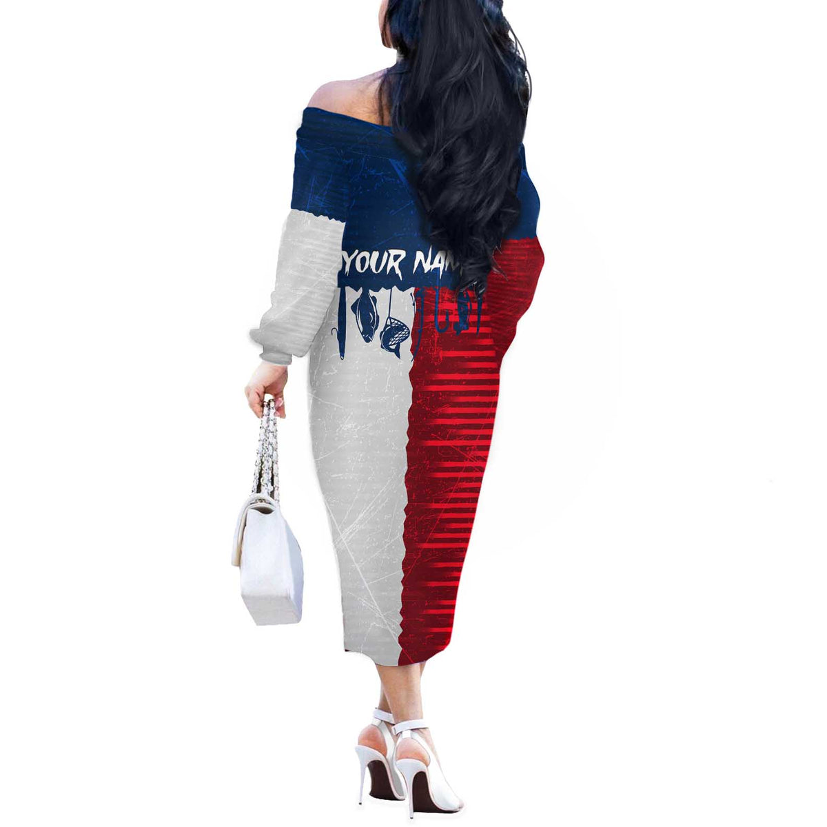 Flag Texas Fishing Off The Shoulder Long Sleeve Dress Personalized Hanging Fish and Hooks Graphic - Wonder Print Shop