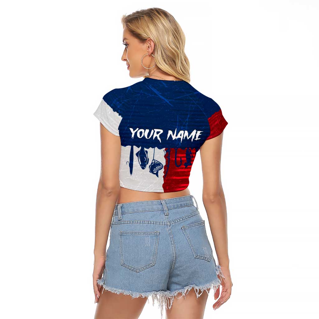 Flag Texas Fishing Raglan Cropped T Shirt Personalized Hanging Fish and Hooks Graphic - Wonder Print Shop