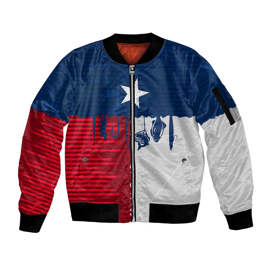 Flag Texas Fishing Sleeve Zip Bomber Jacket Personalized Hanging Fish and Hooks Graphic - Wonder Print Shop
