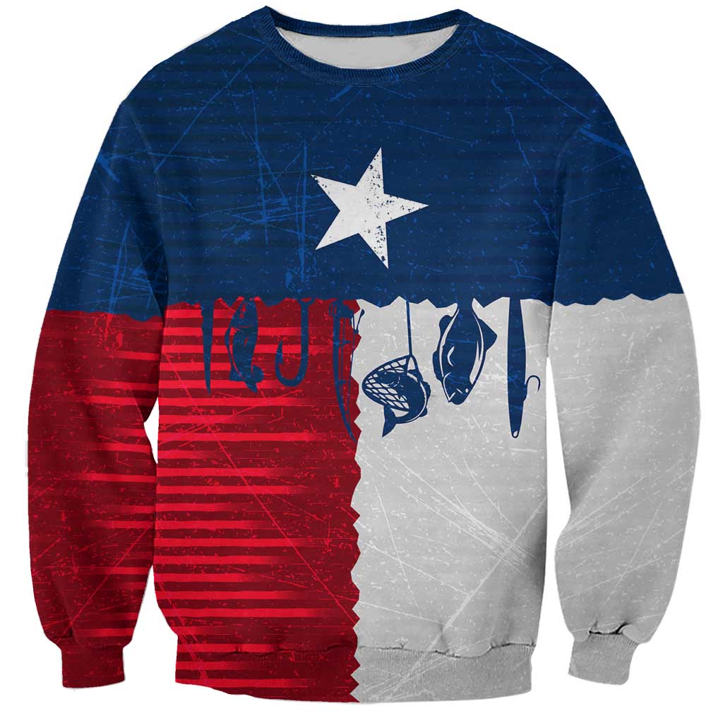 Flag Texas Fishing Sweatshirt Personalized Hanging Fish and Hooks Graphic - Wonder Print Shop