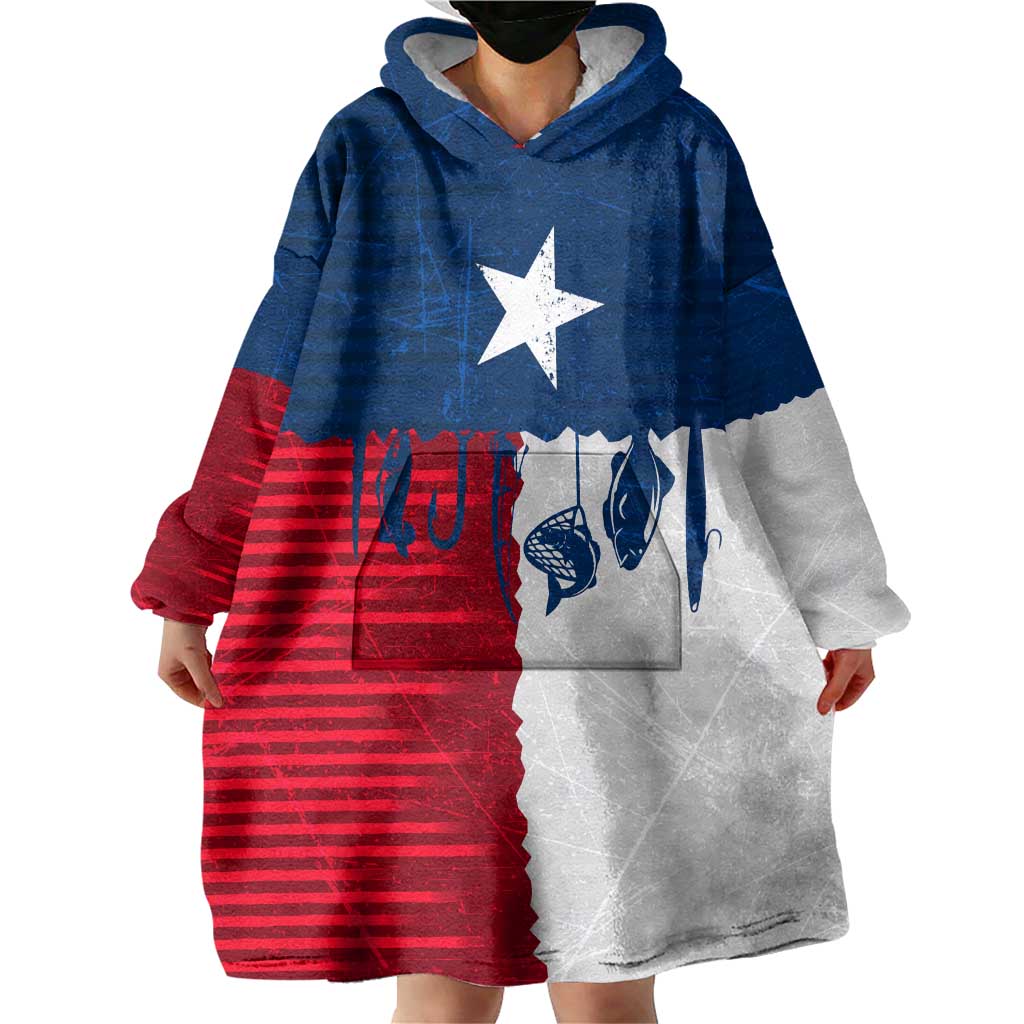 Flag Texas Fishing Wearable Blanket Hoodie Personalized Hanging Fish and Hooks Graphic - Wonder Print Shop