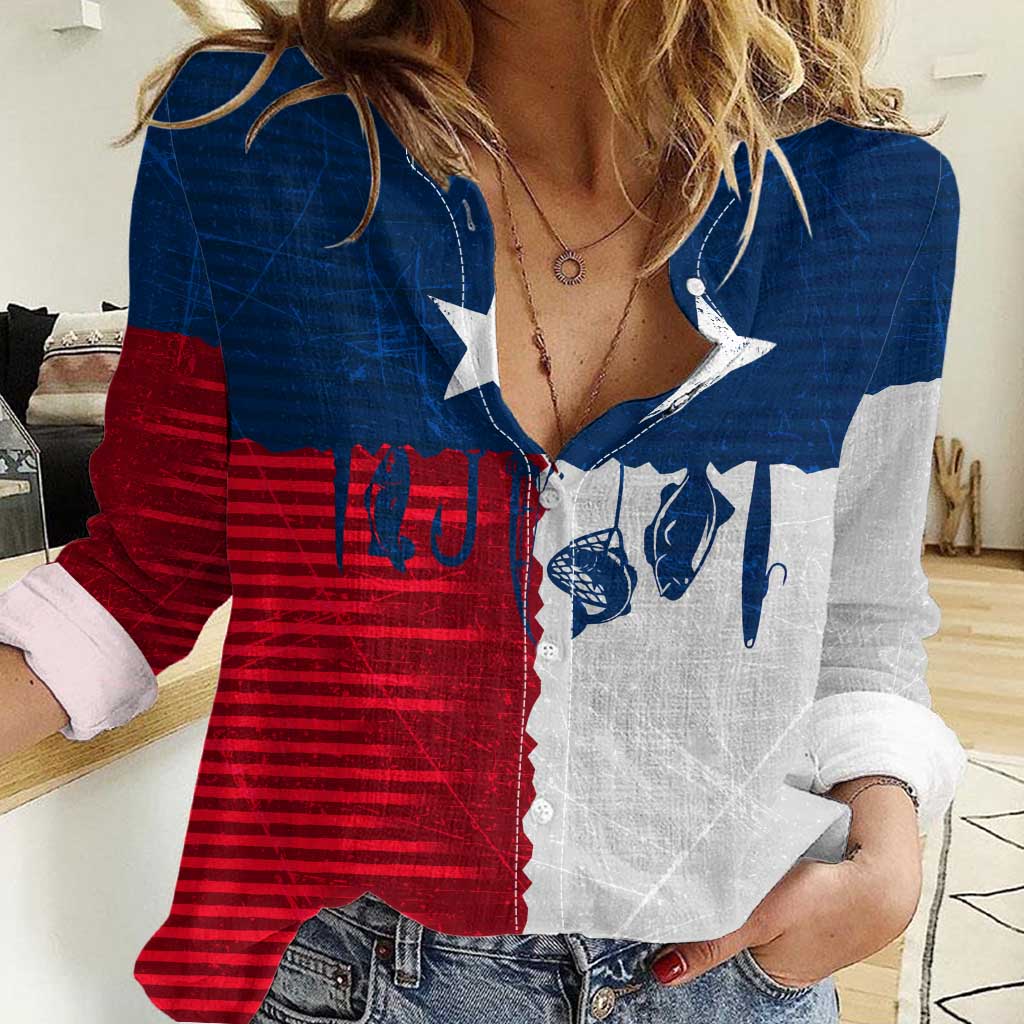 Flag Texas Fishing Women Casual Shirt Personalized Hanging Fish and Hooks Graphic - Wonder Print Shop