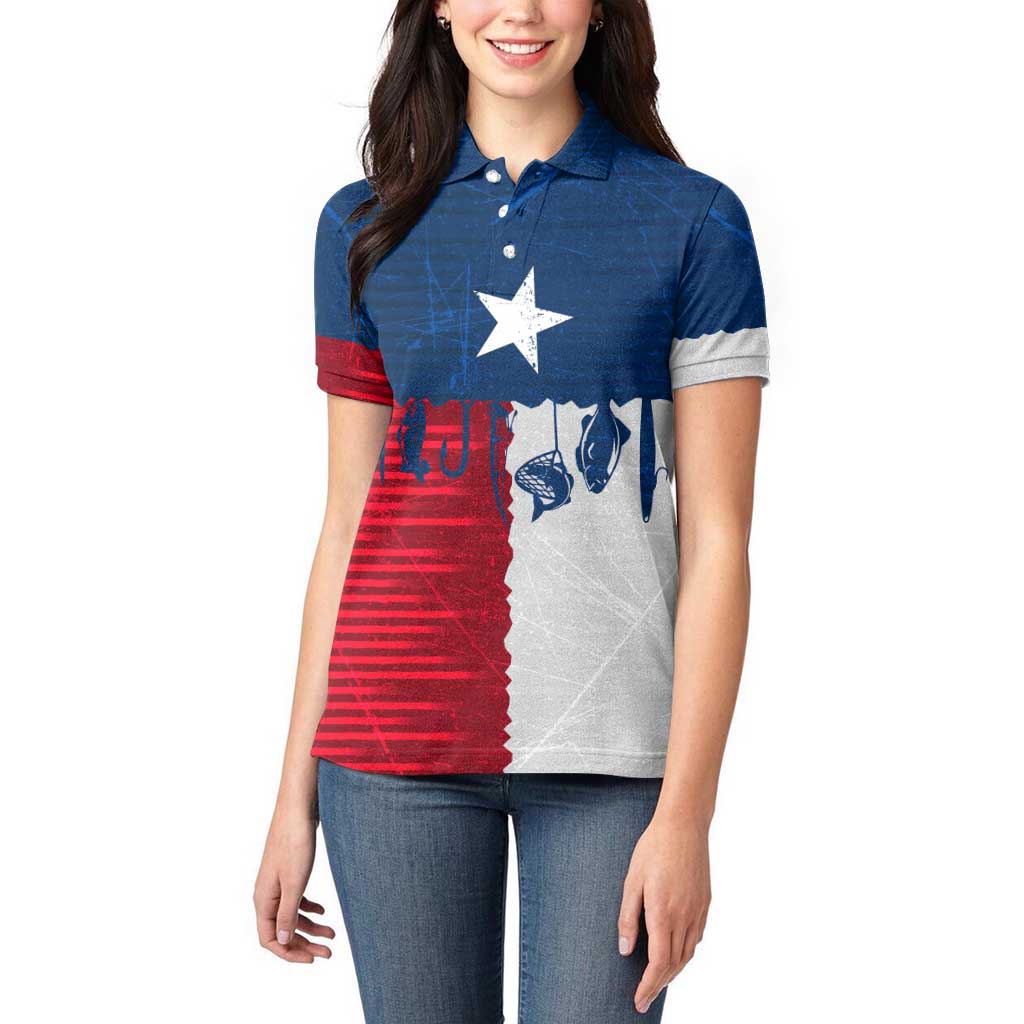 Flag Texas Fishing Women Polo Shirt Personalized Hanging Fish and Hooks Graphic - Wonder Print Shop