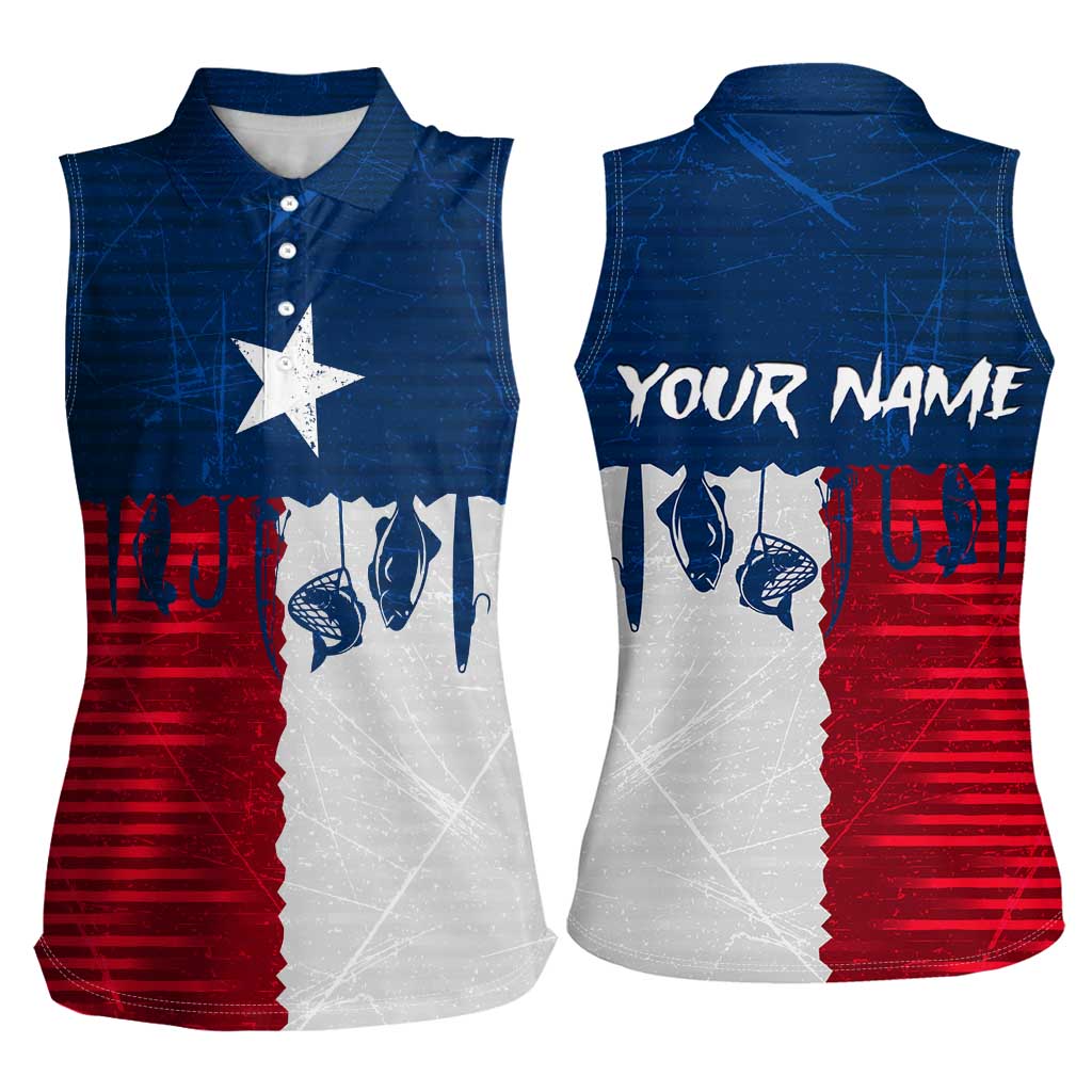 Flag Texas Fishing Women Sleeveless Polo Shirt Personalized Hanging Fish and Hooks Graphic - Wonder Print Shop