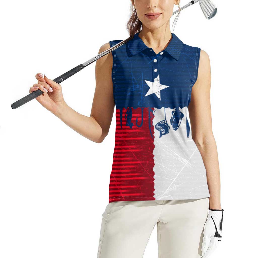 Flag Texas Fishing Women Sleeveless Polo Shirt Personalized Hanging Fish and Hooks Graphic - Wonder Print Shop