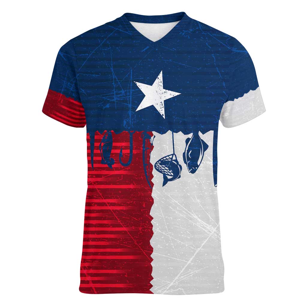Flag Texas Fishing Women V-Neck T-Shirt Personalized Hanging Fish and Hooks Graphic - Wonder Print Shop