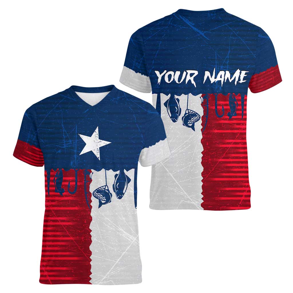 Flag Texas Fishing Women V-Neck T-Shirt Personalized Hanging Fish and Hooks Graphic - Wonder Print Shop