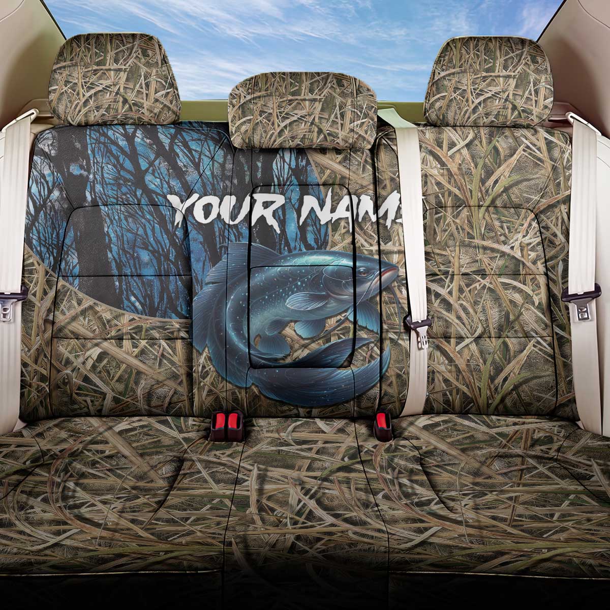 Catfish Fishing Personalized Back Car Seat Cover Blue Bass and Camo Reeds Background - Wonder Print Shop