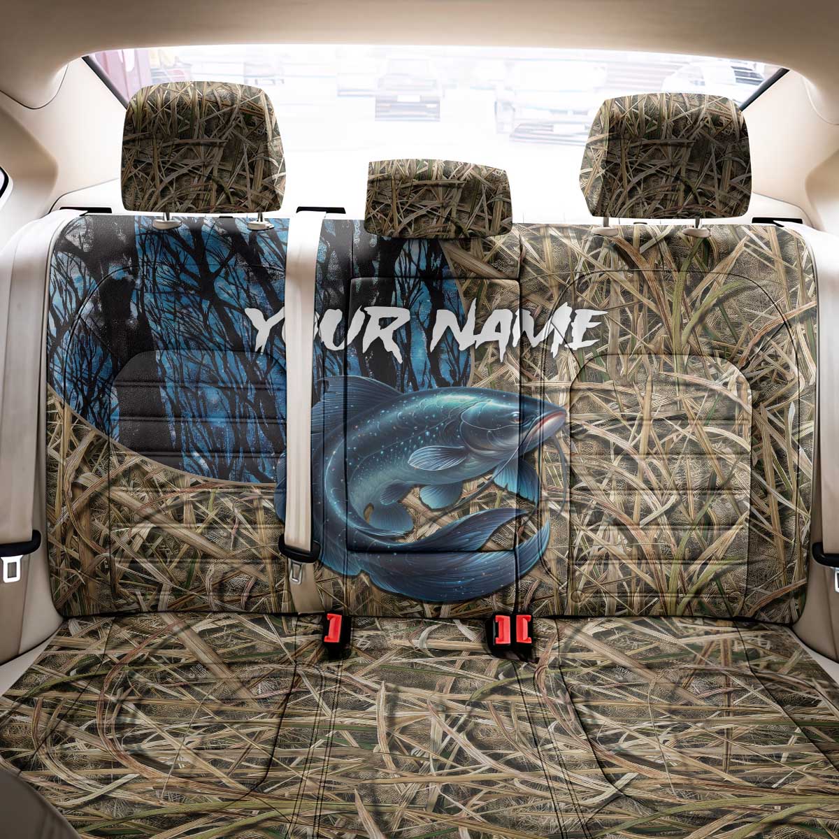 Catfish Fishing Personalized Back Car Seat Cover Blue Bass and Camo Reeds Background - Wonder Print Shop