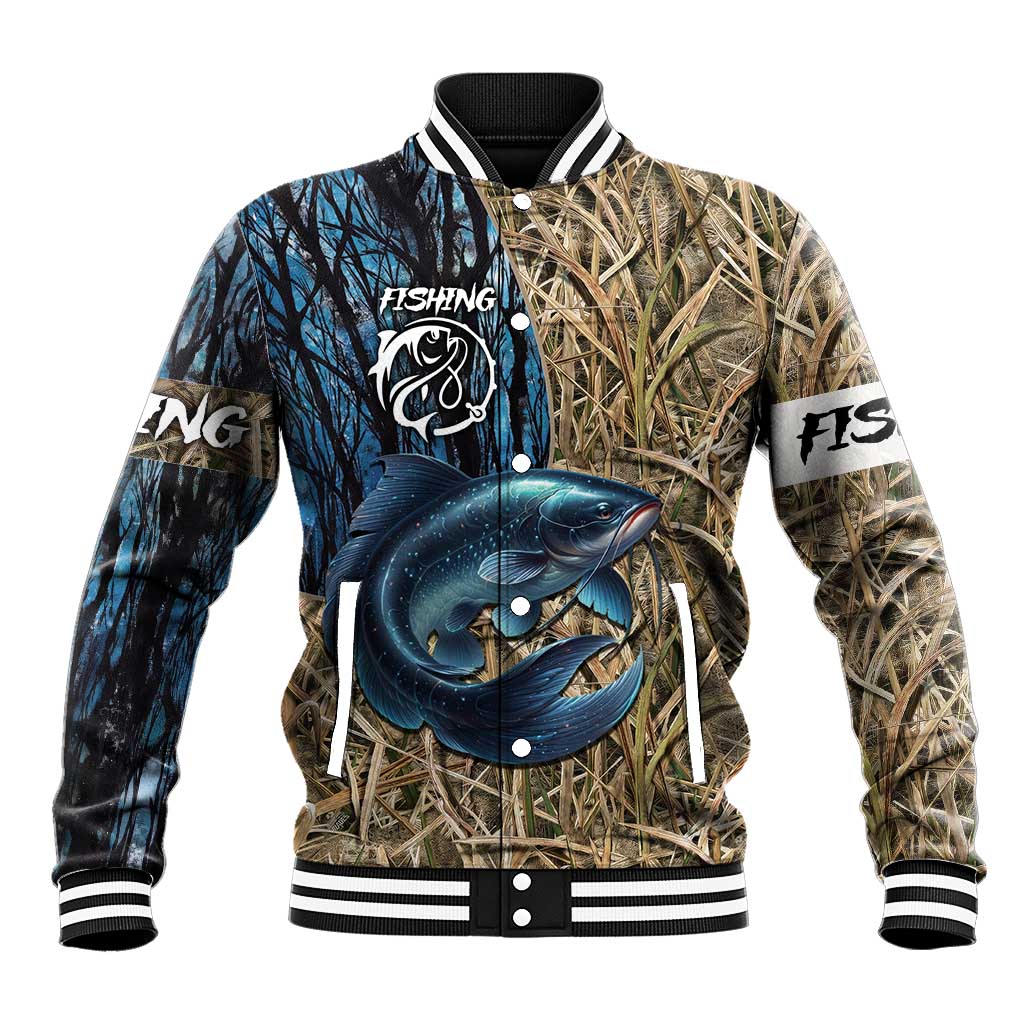 Catfish Fishing Personalized Baseball Jacket Blue Bass and Camo Reeds Background - Wonder Print Shop