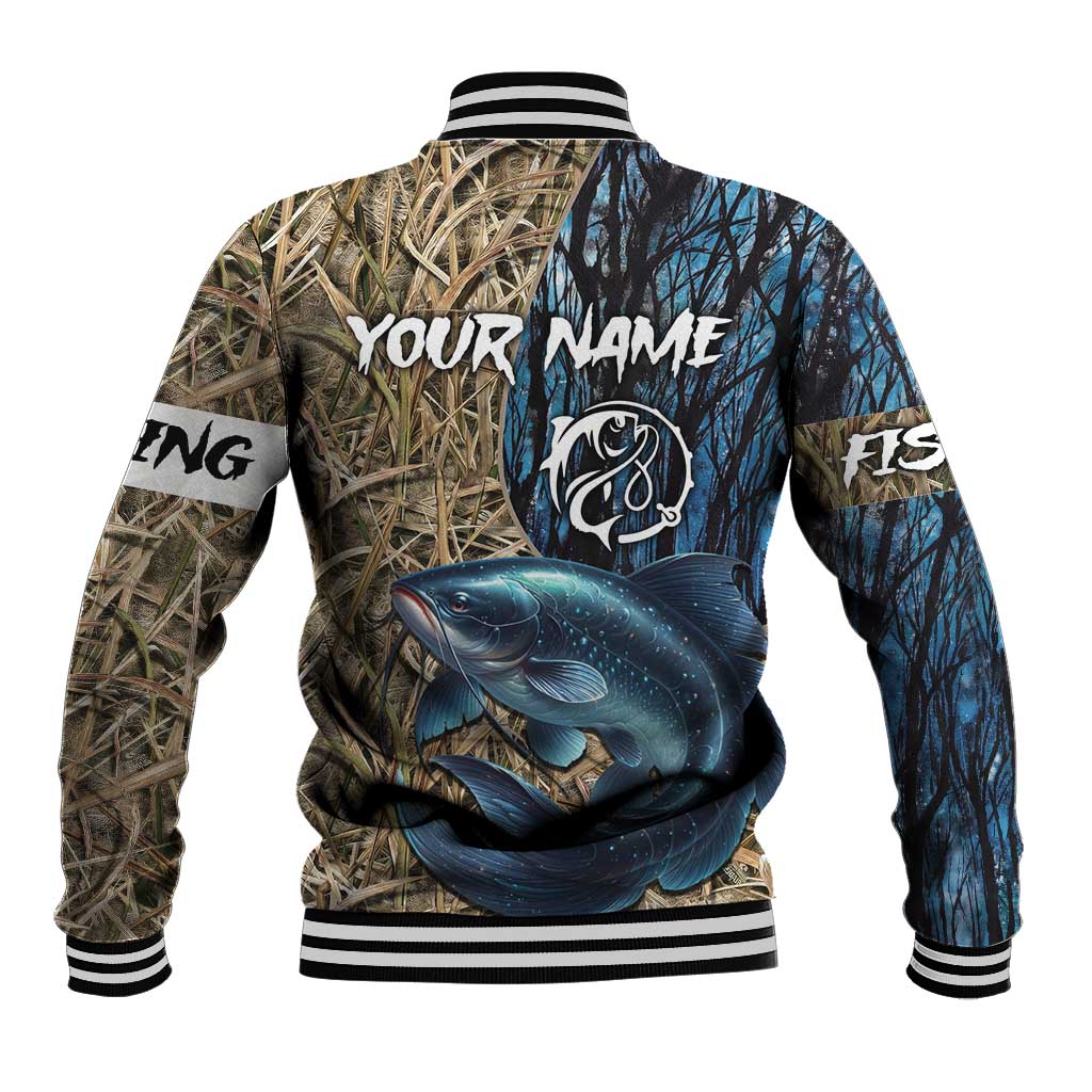 Catfish Fishing Personalized Baseball Jacket Blue Bass and Camo Reeds Background - Wonder Print Shop
