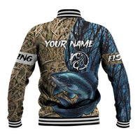 Catfish Fishing Personalized Baseball Jacket Blue Bass and Camo Reeds Background - Wonder Print Shop