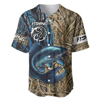 Catfish Fishing Personalized Baseball Jersey Blue Bass and Camo Reeds Background - Wonder Print Shop