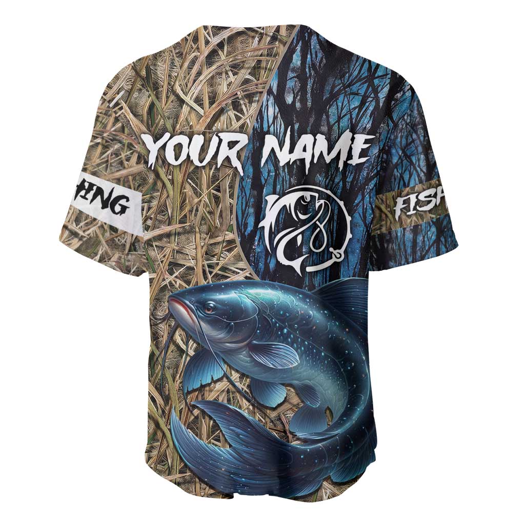 Catfish Fishing Personalized Baseball Jersey Blue Bass and Camo Reeds Background - Wonder Print Shop