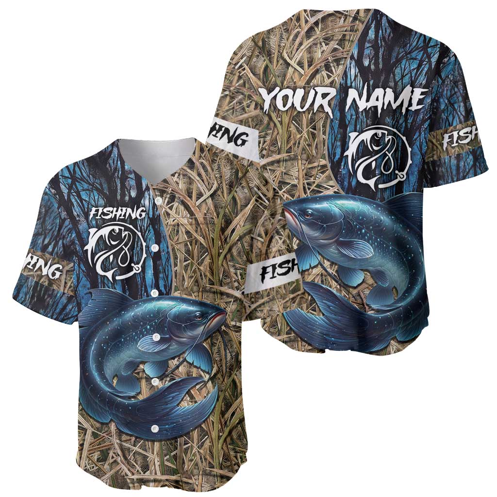 Catfish Fishing Personalized Baseball Jersey Blue Bass and Camo Reeds Background - Wonder Print Shop