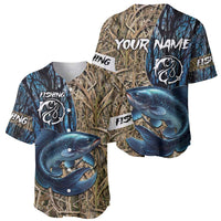 Catfish Fishing Personalized Baseball Jersey Blue Bass and Camo Reeds Background - Wonder Print Shop