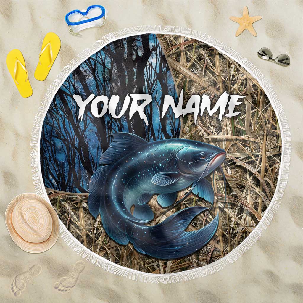 Catfish Fishing Personalized Beach Blanket Blue Bass and Camo Reeds Background - Wonder Print Shop
