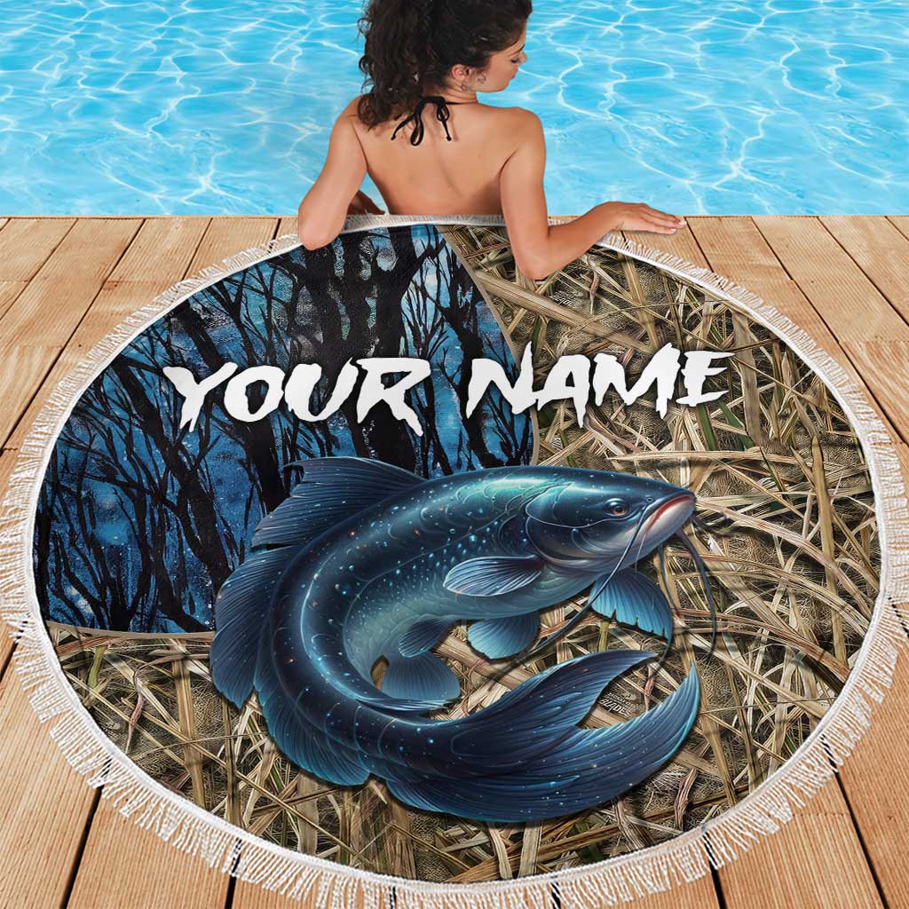 Catfish Fishing Personalized Beach Blanket Blue Bass and Camo Reeds Background - Wonder Print Shop