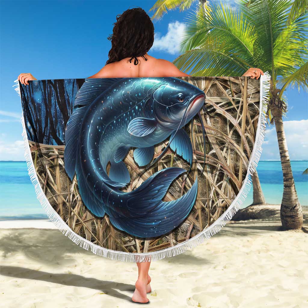 Catfish Fishing Personalized Beach Blanket Blue Bass and Camo Reeds Background - Wonder Print Shop