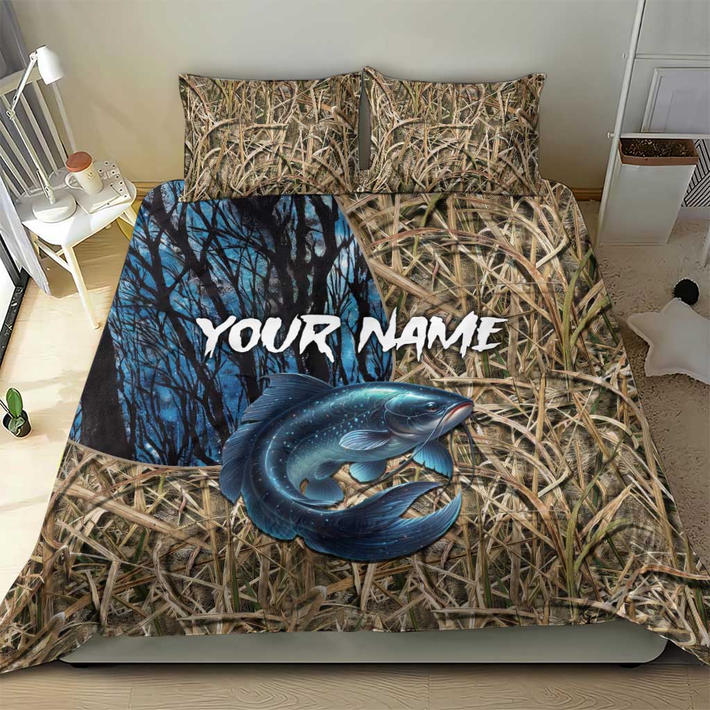 Catfish Fishing Personalized Bedding Set Blue Bass and Camo Reeds Background - Wonder Print Shop