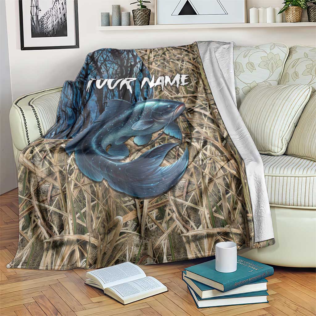Catfish Fishing Personalized Blanket Blue Bass and Camo Reeds Background - Wonder Print Shop