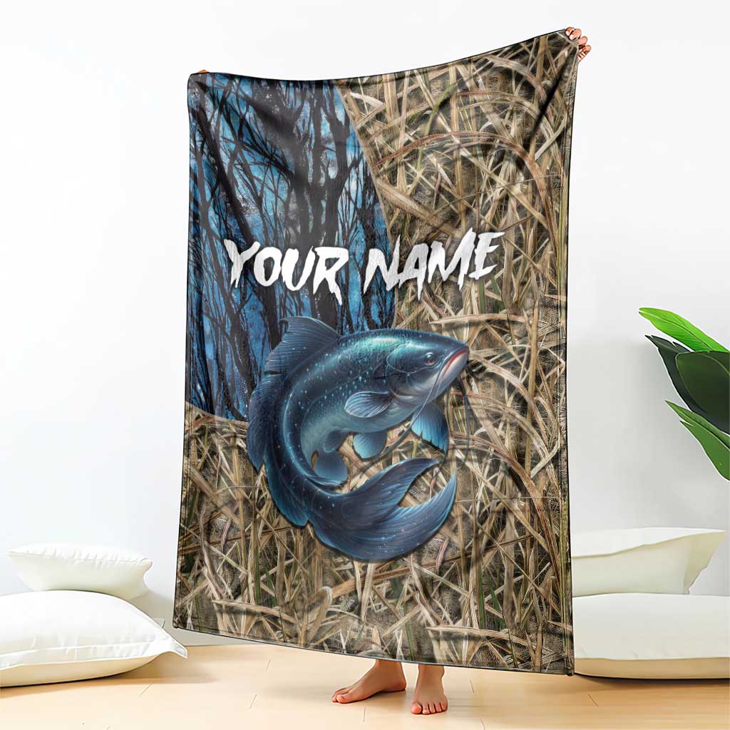 Catfish Fishing Personalized Blanket Blue Bass and Camo Reeds Background - Wonder Print Shop