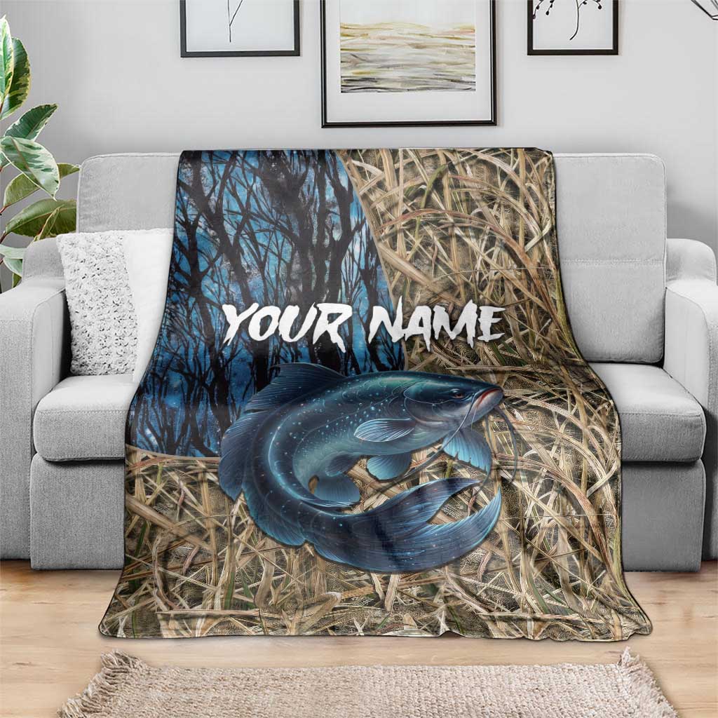 Catfish Fishing Personalized Blanket Blue Bass and Camo Reeds Background - Wonder Print Shop