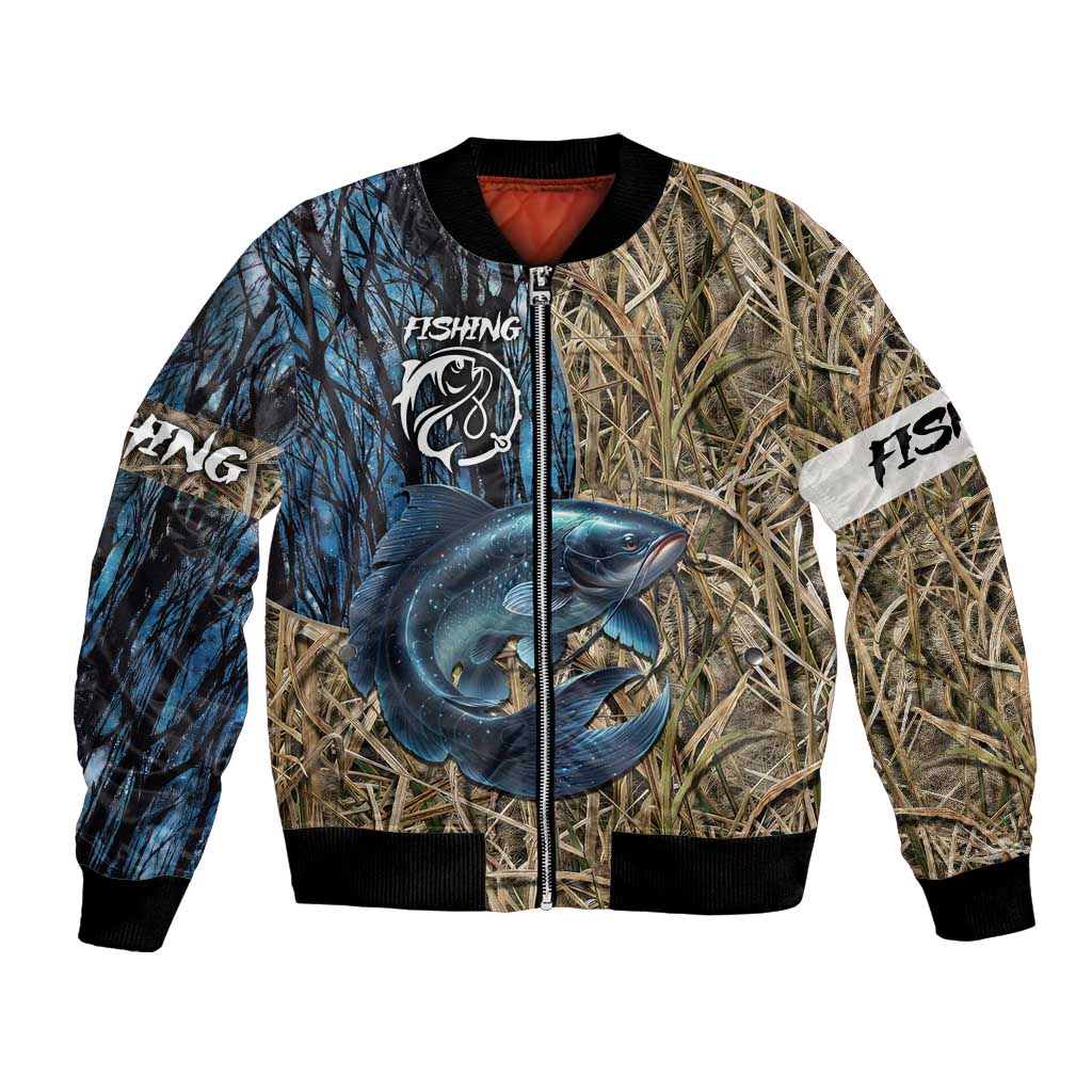 Catfish Fishing Personalized Bomber Jacket Blue Bass and Camo Reeds Background - Wonder Print Shop