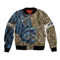 Catfish Fishing Personalized Bomber Jacket Blue Bass and Camo Reeds Background - Wonder Print Shop